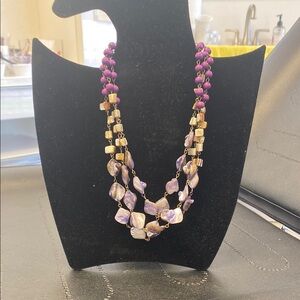 Elegant Purple and Gold Vintage 3 Strand Purple Mother Of Pearl & Wood Necklace